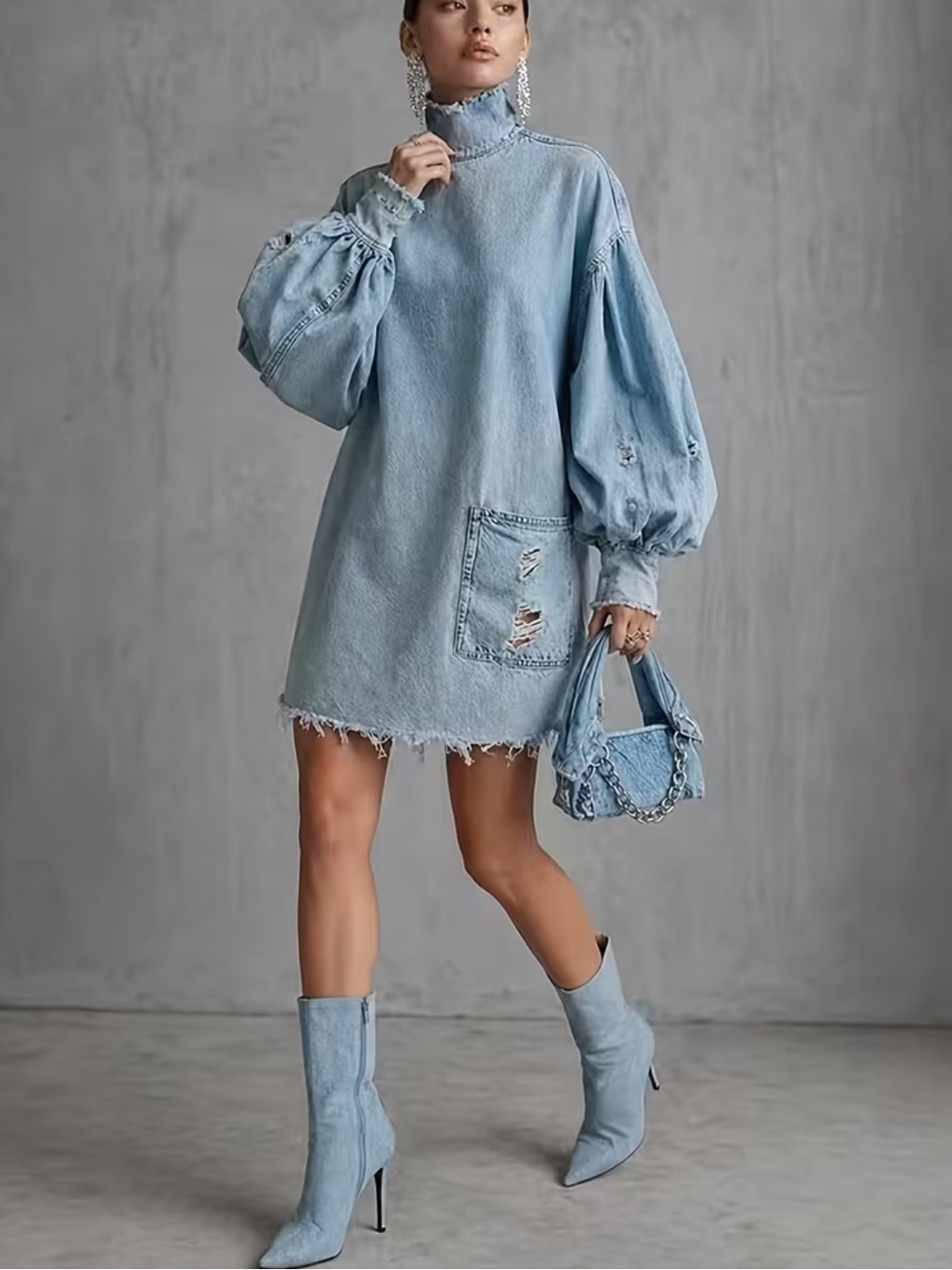 Women'S High-Neck Lantern-Sleeve Ripped Long-Sleeve Denim Dress, Mid-Length